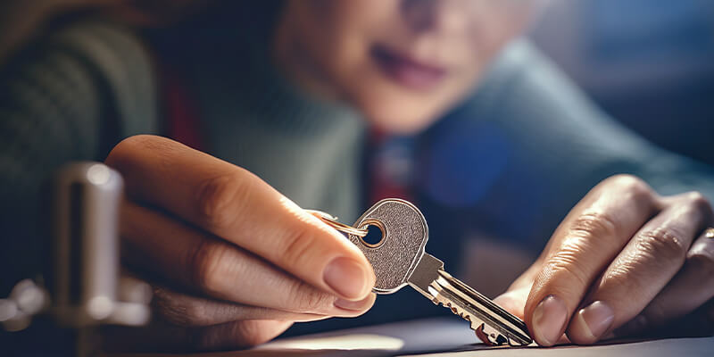 A locksmith closely examining a modern key to identify its type.