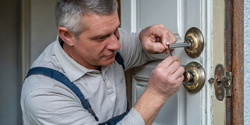 A person using a screwdriver to take off the old doorknob from a door.